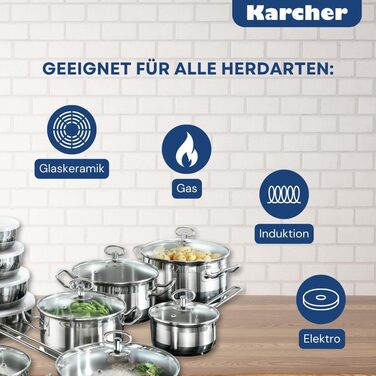 Набір каструль Karcher Jasmin 20 предметів, нержавіюча сталь, для індукції, з кришками, каструлі та сковорода, підходить для всіх плит, посудомийна та духовочна безпека, з мисками з нержавіючої сталі