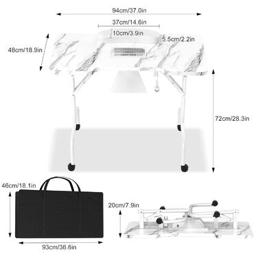 Стіл для манікюру XINZI розкладний з витяжкою, 94x48x72 см, білий, з подушкою для рук, ящиком та сумкою для зберігання