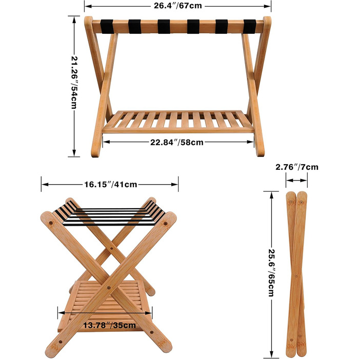 SMIBUY Luggage Rack, 2-Pack, Folding Bamboo Suitcase Stand with Shelf for Guest Room, Bedroom, Hotel, Heavy-Duty (Natural Colors)