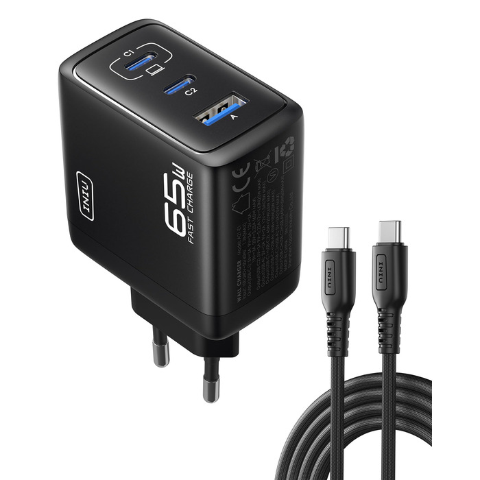 Зарядний пристрій INIU 65W USB-C/USB-A GaN, швидка зарядка для MacBook, iPad, iPhone, Samsung Galaxy, Pixel - Чорний