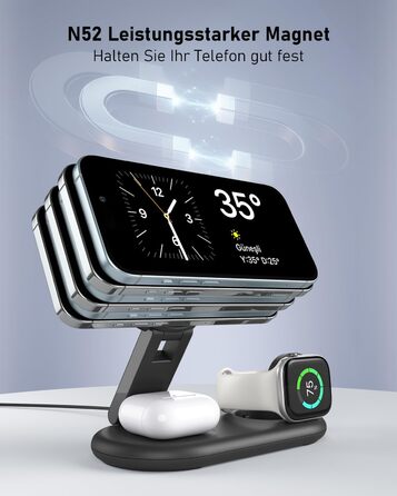 Зарядна станція 3-в-1 для Apple Watch та iPhone з MagSafe, сумісна з iPhone 17, 16, 15, 14, 13, 12, AirPods Pro (білий/чорний)