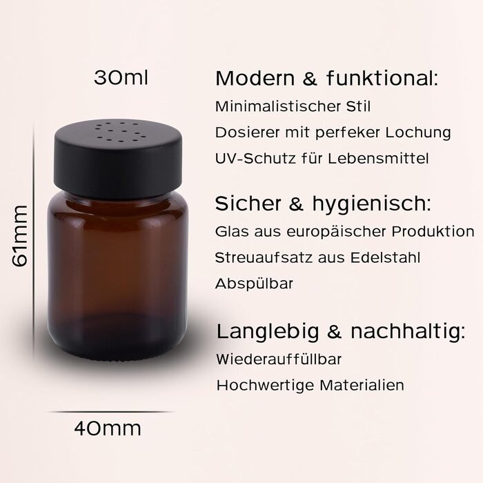 Salt and Pepper Shaker Set in Brown Glass - Salt Shaker with Stainless Steel Lid – Shakers for Pepper and Salt - Small and Modern Table Shakers - Salt & Pepper - 5 Sets