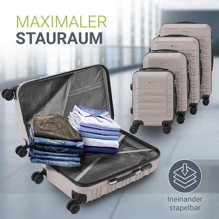 Набір валіз Juskys Hartschale 4 шт. з кодовим замком, тихі колеса 360°, телескопічна ручка, легкі - валізи в кольорі шампань