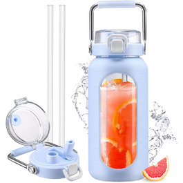 1.9L Glass Water Bottle, Glass Drinking Bottle with Straw and Stainless Steel Handle, Motivational Water Bottle with Silicone Case and Time Marker, Water Pitch (Light Blue2, 1893 ml)