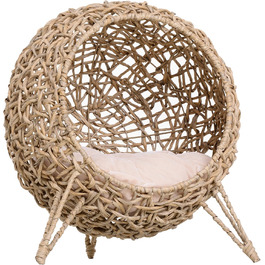 PawHut Rattan Cat House with Cushion, Cat Sleeping Place, Cat Cave with Raised Feet, Natural Ø52 x 58 cm
