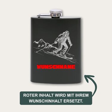 Фляга з нержавіючої сталі Flanacom з гравіюванням, 227мл / 8oz, для скі-гонщиків, персоналізована гравіюванням (дизайн 4, чорний)