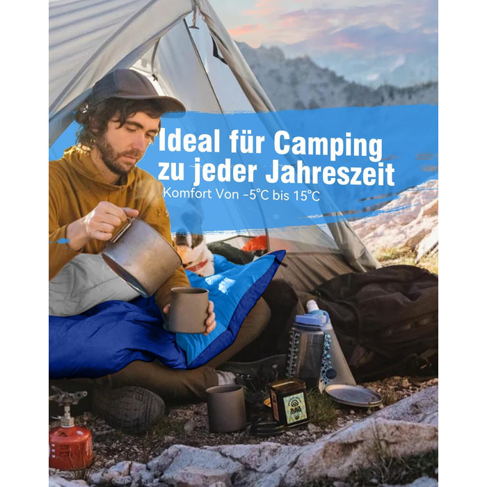 Спальний мішок 3-4 сезони, водонепроникний, ультралегкий, 220*75см (Блакитний) - для кемпінгу, подорожей, походів