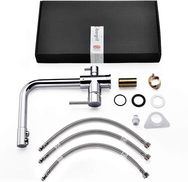 Кухонний змішувач 3-в-1 з обертанням 360° з нержавіючої сталі, з двома ручками, для фільтрації води, гарячої та холодної води, високого тиску, 3 шланги по 50 см