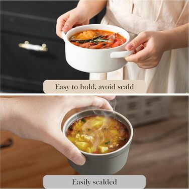 MALACASA Набір супових тарілок з ручками, 800 мл, 4 шт, порцеляна, білий, для французької цибулевої супи, каші та рагу