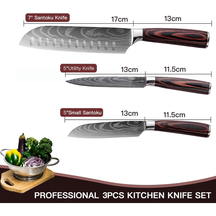 Набір кухонних ножів 5 шт. з нержавіючої сталі, преміум якість, ергономічні дерев'яні ручки, гострі ножі для професійних кухарів, універсальний ніж, подарункова коробка