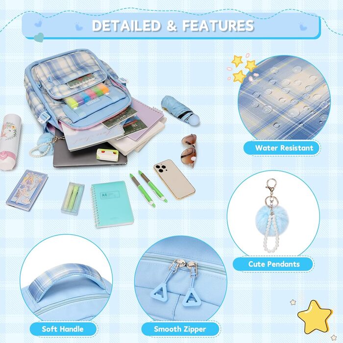 Дитячий рюкзак для дівчаток: рюкзак у стилі Kawaii, велика місткість (3-в-1, блакитний)