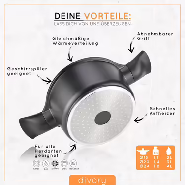 DIVORY Cookware Set - 8-Piece Detachable Handles - Saucepan 18cm, Stockpot 20cm, Pot 24cm with Lid, Induction Cookware, Non-Stick Cookware, Dishwasher & Oven Safe Black Cookware Set (18/20/24cm)