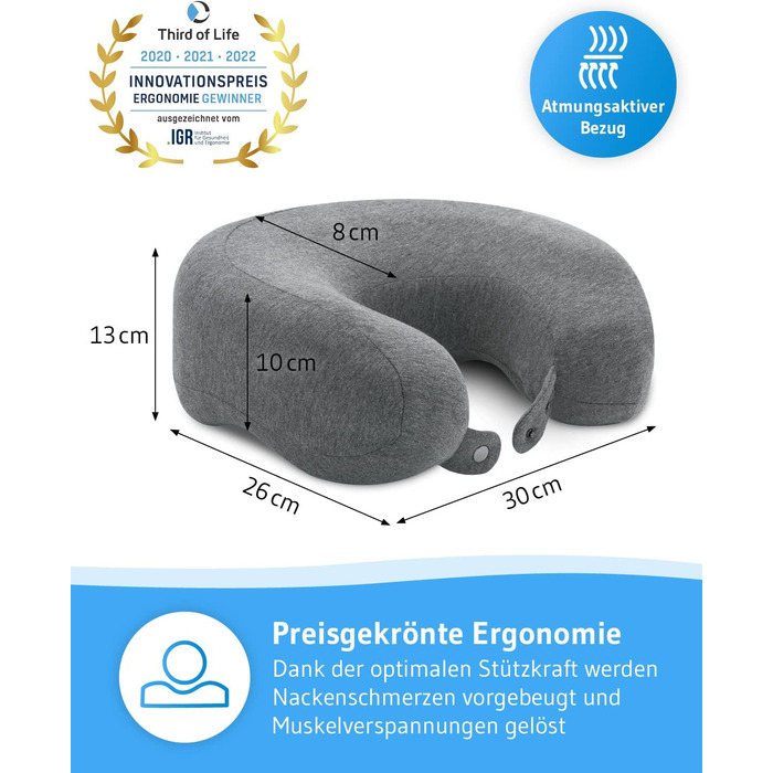 Ортопедична подушка для шиї RONDAR з ергономічної піни Memory Foam для подорожей літаком і авто, з дихаючим чохлом, проти болю в шиї