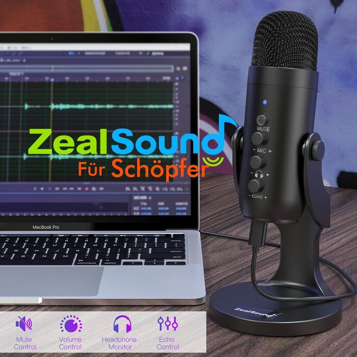 USB мікрофон Zealsound: конденсаторний мікрофон для ПК, телефону, PS4, PS5. Ідеально для геймінгу, подкастів, запису звуку, стрімінгу та ASMR. З регулюванням гучності та ефектом ехо. Сумісний з Mac, Windows. Чорний колір.