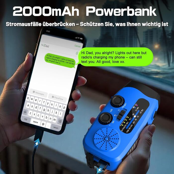 Радіо-кринка Notfall Weltempfänger 4000 mAh (14800 mWh) з 3 кабелями, AM/FM/WB, SOS-сигнал, ліхтарик, блакитне аварійне радіо