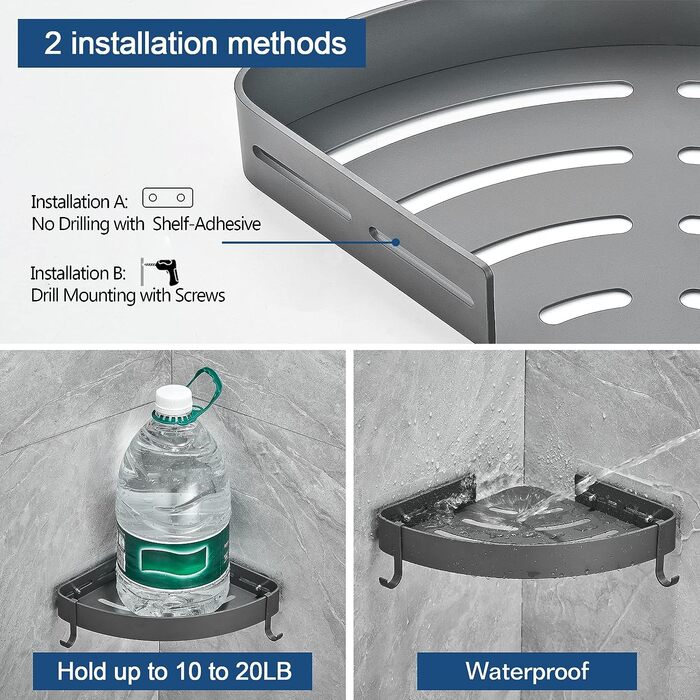 GERUIKE Shower Shelf Shower Caddy Corner No Drilling Wall Mount Adhesive Pad Grey Matte Aluminum 2 Pack Shower Gel Shampoo Holder Corner Shelf Corner Rack for Shower Bathroom Kitchen