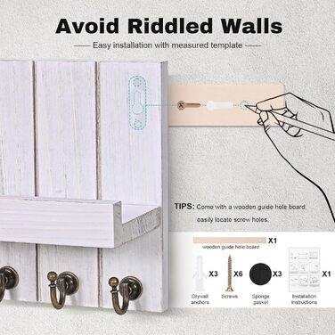 Дерев'яне ключниця з полицею, 5 гачків, для прихожей, вітальні, спальні, світло-білий колір