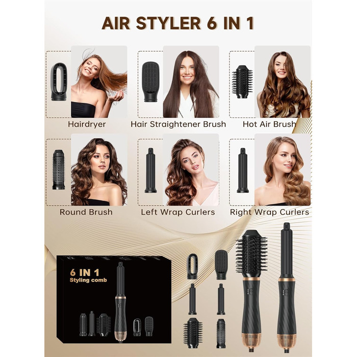Фен-щітка 6 в 1 для волосся, Airstyler: сушка, укладка, завивка, випрямлення (Чорний)