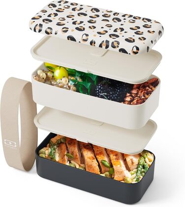 Monbento Brotdose: Bento Box з 2 рівнями для дорослих - витримує мікрохвильову піч, BPA-free, для роботи та Meal Prep, Moka (Graphic Leopard)