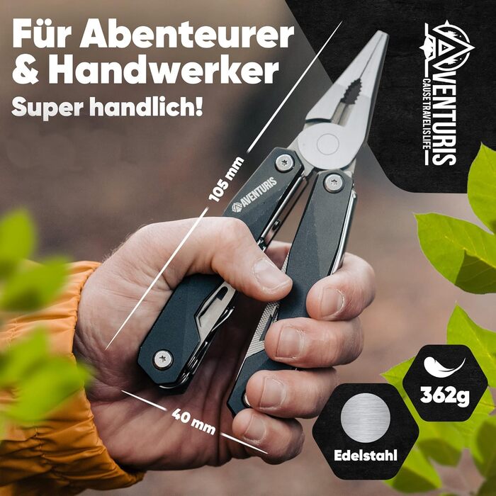 AVENTURIS® Multitool. Great multifunctional tool as bicycle accessories or outdoor gear, a multitool tool as men's gifts or a Leatherman multitool in green (Personalized, Black).