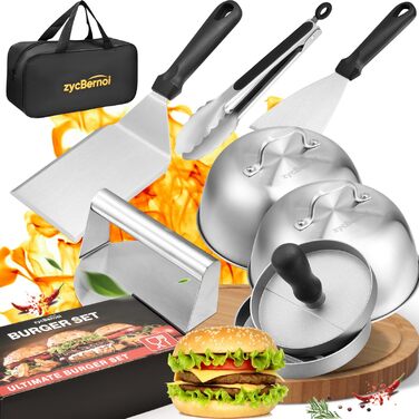 Набір для приготування Smash Burger: прес, дзвоники, лопатка, щипці та сумка для зберігання (8 предметів)
