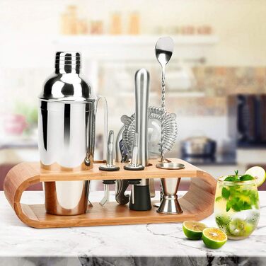 High-quality cocktail shaker set, cocktail mixing set, 10-piece, made of stainless steel, with bamboo storage, including cocktail shaker, jigger, strainer, muddler, bar spoon, ice tongs, bottle opener, and measuring tool.