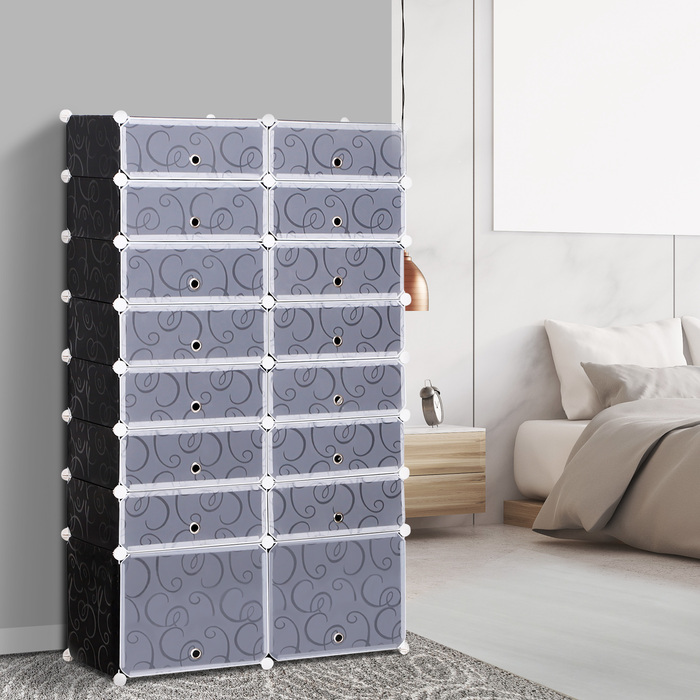 HOMCOM СТійка для взуття DIY Модульна полиця для взуття та гардероб, 16 відділень, PP, Чорний + Білий, 95 x 37 x 160 см | Aosom