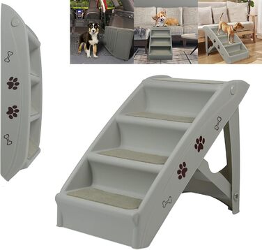 YRHome Foldable Pet Stairs - 4 Step Dog Ramp for Cats & Dogs up to 75kg - Non-Slip Mat & Support Bar - Grey