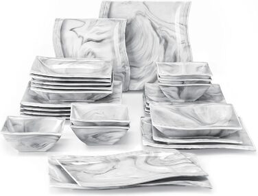 MALACASA Flora Marble Porcelain Dinnerware Set - 30 Piece Service with Coffee Cups, Saucers, Dessert Plates, Soup Plates & Dinner Plates (Gray)