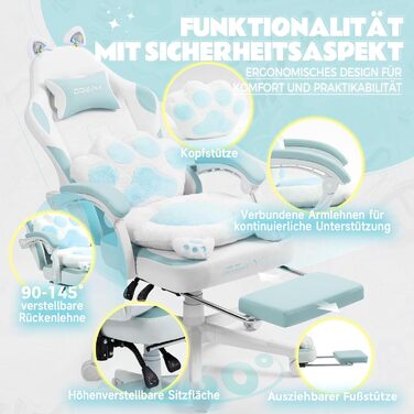 Ігровий крісло Dowinx з підніжкою, ергономічний, з дизайном лапок кота, тканинний, без крил, регульований, для дорослих, блакитний