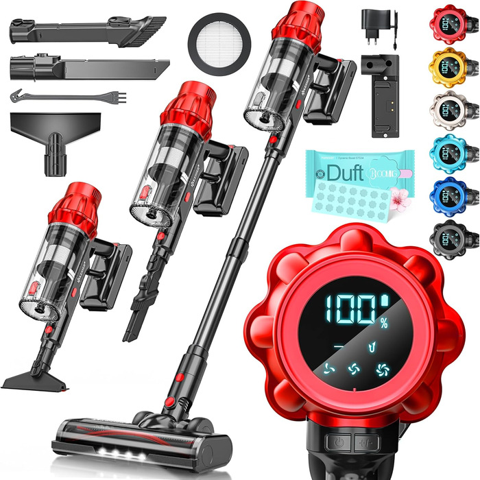 Бездротовий акумуляторний пилосос KESSER® з LED дисплеєм, 70 хв роботи, без мішка, для твердих поверхонь, килимів, шерсті тварин, чорний/червоний