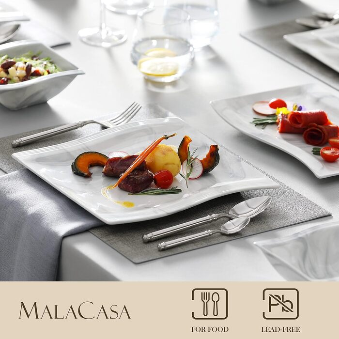 MALACASA Flora Marble Porcelain Dinnerware Set - 30 Piece Service with Coffee Cups, Saucers, Dessert Plates, Soup Plates & Dinner Plates (Gray)