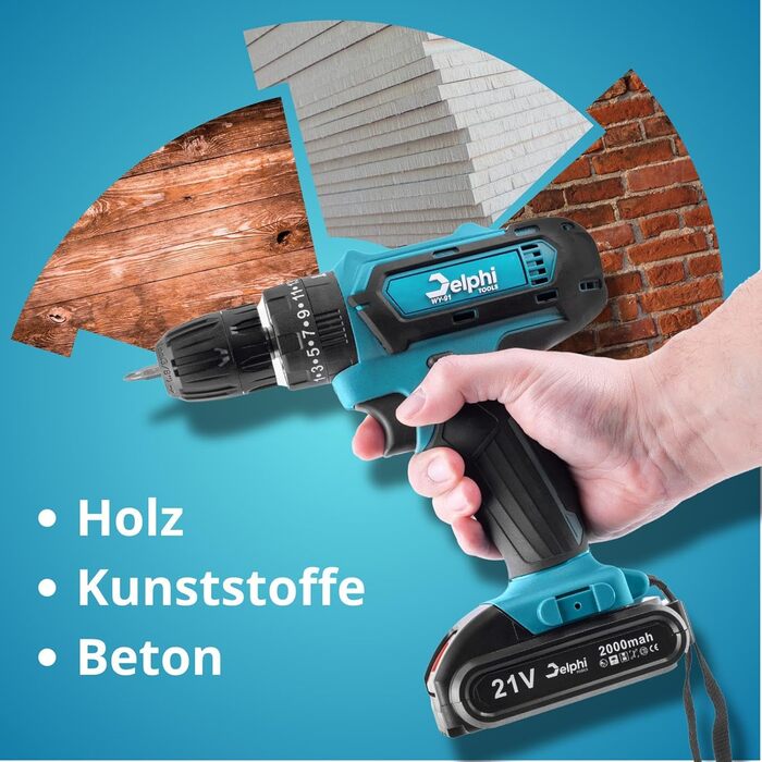 Акумуляторний ударний шуруповерт Delphi з 2 акумуляторами та зарядним пристроєм (50 Нм, 2200 об/хв - 2 швидкості) 21V комплект з кейсом (41 шт.) 2 x 2000 mAh з LED-підсвічуванням