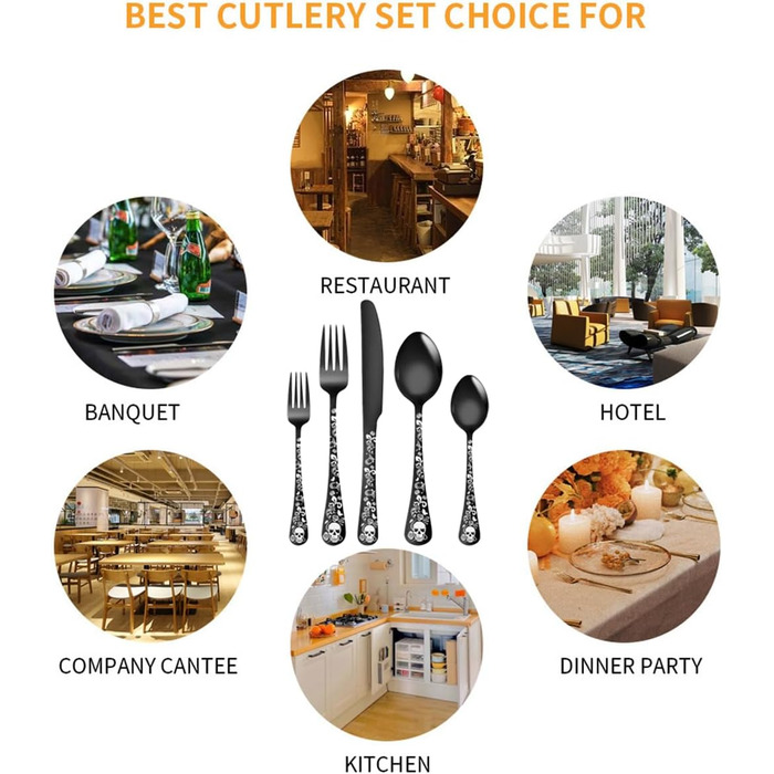 Набір столових приборів Xiaoyu Готичний (20 шт) для 4 осіб: Черепи, квіти, чорний колір - ідеально для Хелловіну