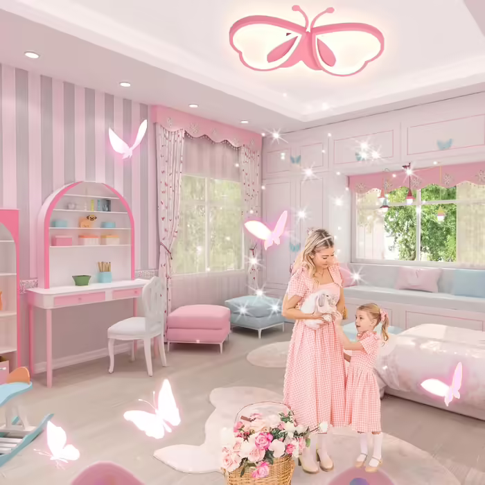 LED Butterfly Ceiling Lamp, Dimmable Acrylic Ceiling Light, Creative Ceiling Lamp for Kids' Room, Girls' Room, Bedroom, Cartoon Ceiling Light - Pink, 42cm