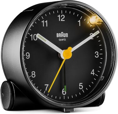 Braun Classic Analog Alarm Clock with Snooze Function and Light, Silent Quartz Movement, Crescendo Alarm in Black, Model BC01B.