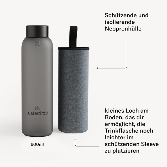 waterdrop® Edition Glass Bottle 600ml Drinking Bottle, Leak-Proof Glass, Carbonated Drinks Safe | BPA-Free Water Bottle including Neoprene Sleeve | Dishwasher-Safe, Lightweight Borosilicate Glass Bottle