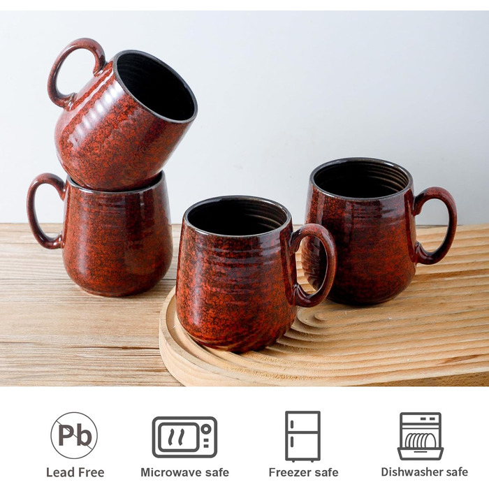 Набір чашок для кави Hasense, темно-сірий, 4 шт, 340 мл, з великою ручкою, для кави, чаю, молока та гарячого шоколаду, легко миються, підходять для миття в посудомийній машині та мікрохвильовій печі