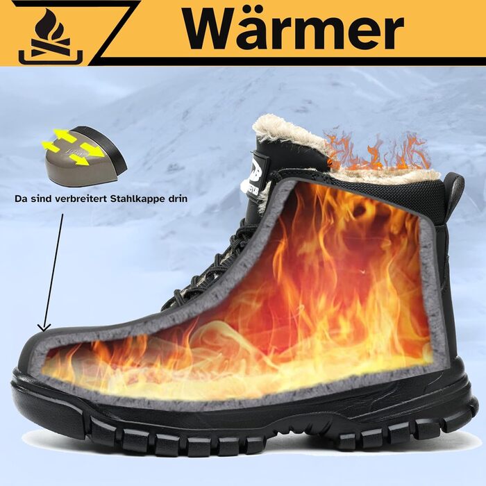 Черевики безпеки для чоловіків та жінок, робочі черевики, водонепроникні, зимові, з підкладкою, захисні черевики зі сталевим підноском, чорні, 45 EU