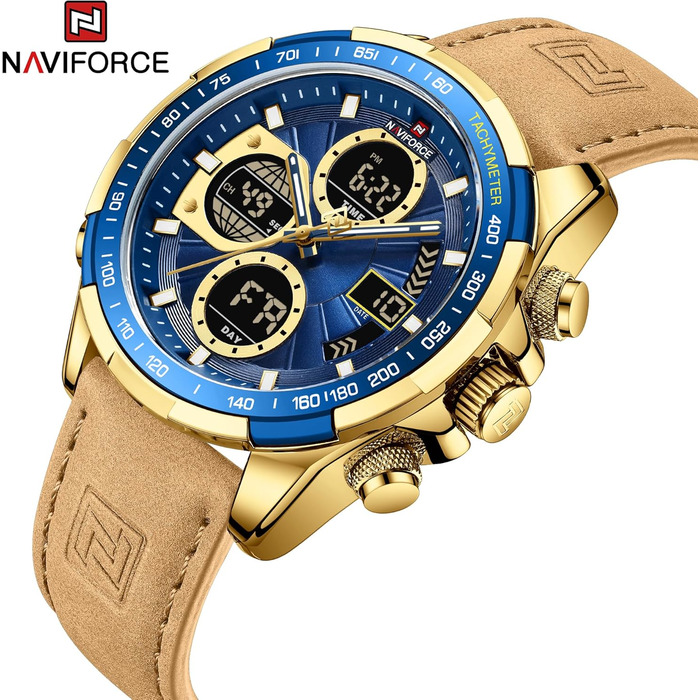 Навіфорс чоловічий військовий годинник: аналоговий кварц, водостійкий, спортивний, з багатофункціональним шкіряним ремінцем (золотий+блакитний)