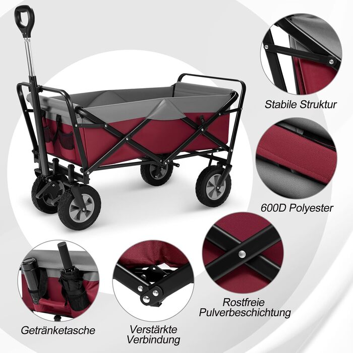Візок-теліжка EUGAD Bollerwagen 100л Fuchsia + Grau, складаний, для саду, кемпінгу, пляжу, вантажопідйомність 180 кг