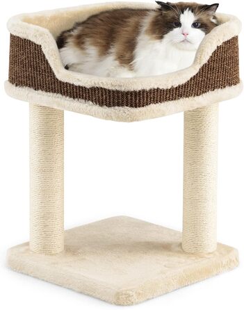 COSTWAY Cat Tree Small, Cat Tree with Large Plush Seat, Wooden Cat Scratching Post, Cat Furniture Climbing Tree, Activity Tree Play Tree, Natural Sisal Tower with Scratching Posts (Beige)