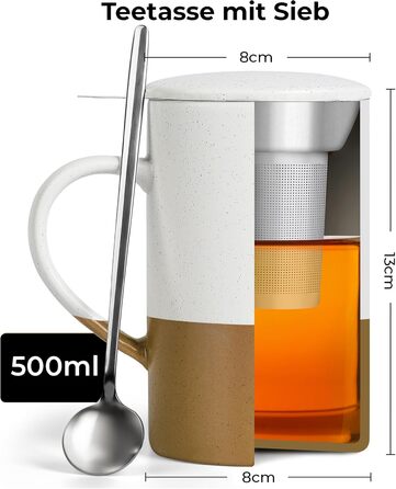 Набір чайних чашок Miamio 2 x 500 мл з кришкою та ситом, керамічні чашки з чайним ситечком та ложкою для заварювання листового чаю, подарунок для жінок, підходить для мікрохвильової печі та посудомийної машини (колір: коричневий)