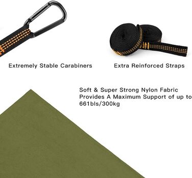 Легка туристична гамак для кемпінгу та відпочинку на природі | Міцна, з карабінами та ременями, 275x140 см, 300 кг, нейлон, для відпочинку вдома та на вулиці, армійний зелений/камелеон