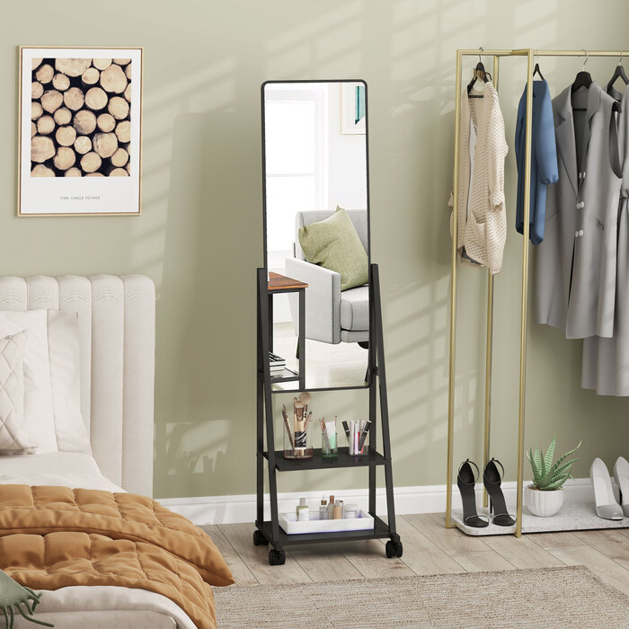 HOMCOM Full Length Mirror, 42 x 155 cm Standing Mirror with Shelf, Standing Mirror with Wheels, Floor Mirror for Bedroom, Living Room, Black | Aosom