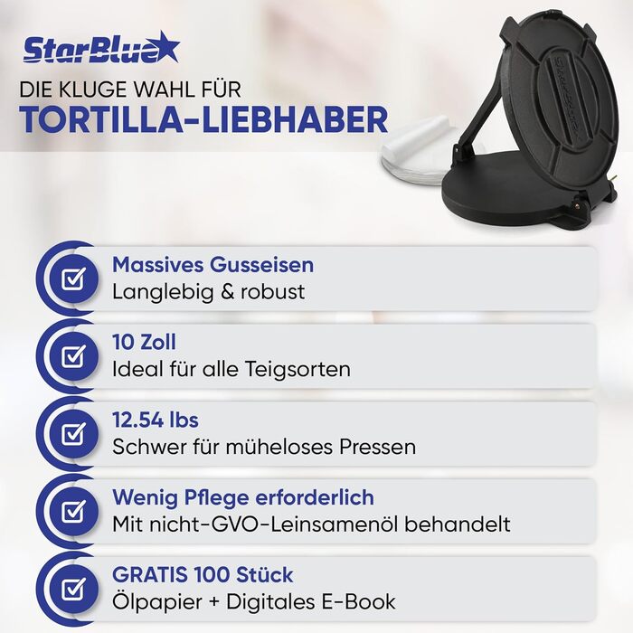Пресс для тортилій StarBlue з чавуну 10 дюймів (25 см) з 100 шт. паперу для випікання та електронною книгою з рецептами - для приготування чіпаті, тортильї, роті