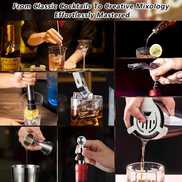 12-Piece Cocktail Shaker Set, 750ml Stainless Steel Cocktail Set with Bamboo Stand & Recipe Book, Cocktail Shaker Set, Gift for Men, Women (Home Bar, Party, Wedding)