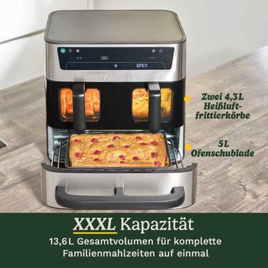 Фритюрниця Cuisinart XXL 10.4L з двома зонами нагріву | Без PFAS та хімікатів | Для смаження, грилю, випікання, дегідратації та підтримання тепла | 2 камери (2 x 5.2L) | 8+ порцій | Деталі придатні для миття в посудомийній машині (3 камери, нержавіюча ста