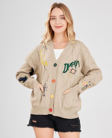 В'язаний кардиган Daen з косами, довгі рукави, відкрита передня частина, V-подібний виріз, ґудзикова застібка, вишивка, вовняна суміш, Пуловер, Куртка, Одяг для активного відпочинку (XXL, Хакі)