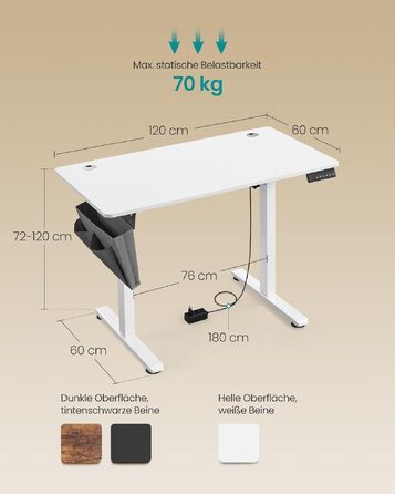 Регульований по висоті письмовий стіл SONGMICS, 120 x 60 см, колір білий